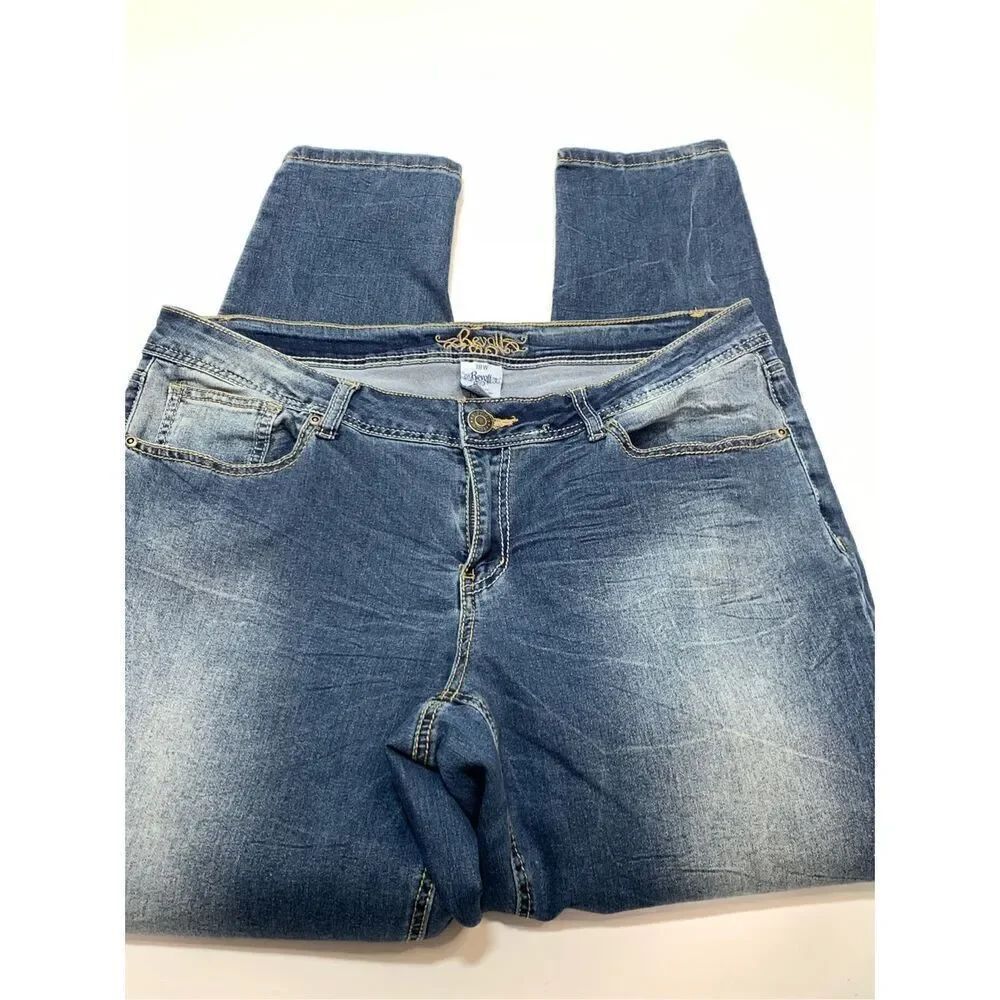 Revolt Women's Mid Rise Faded Contrast Stitch Skinny Denim Jeans Blue Size 18W